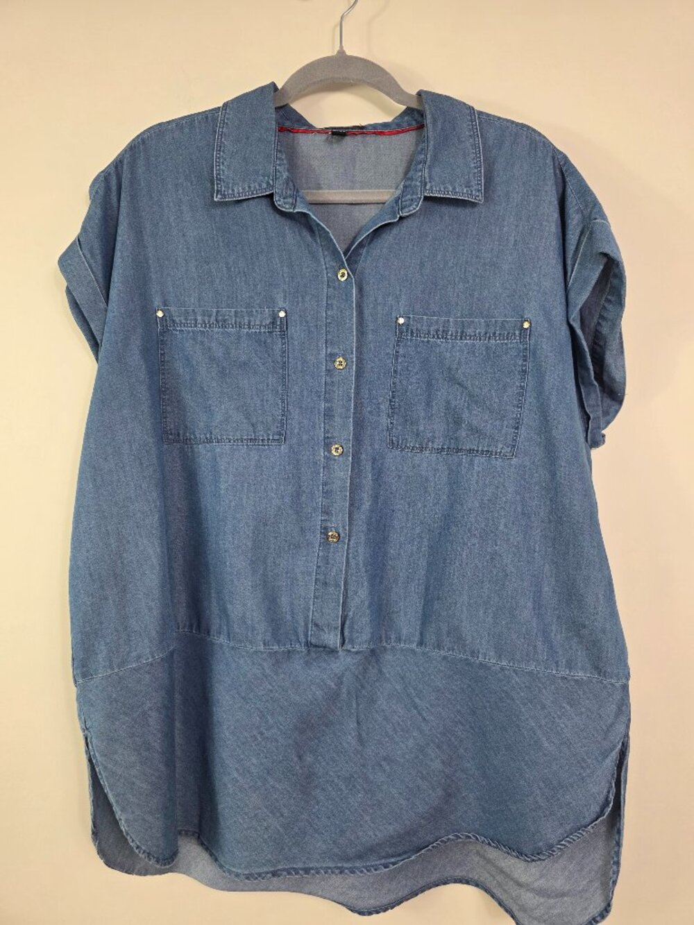 Jones New York Signature Chambray Button-Down Cap Sleeve Shirt Size XL